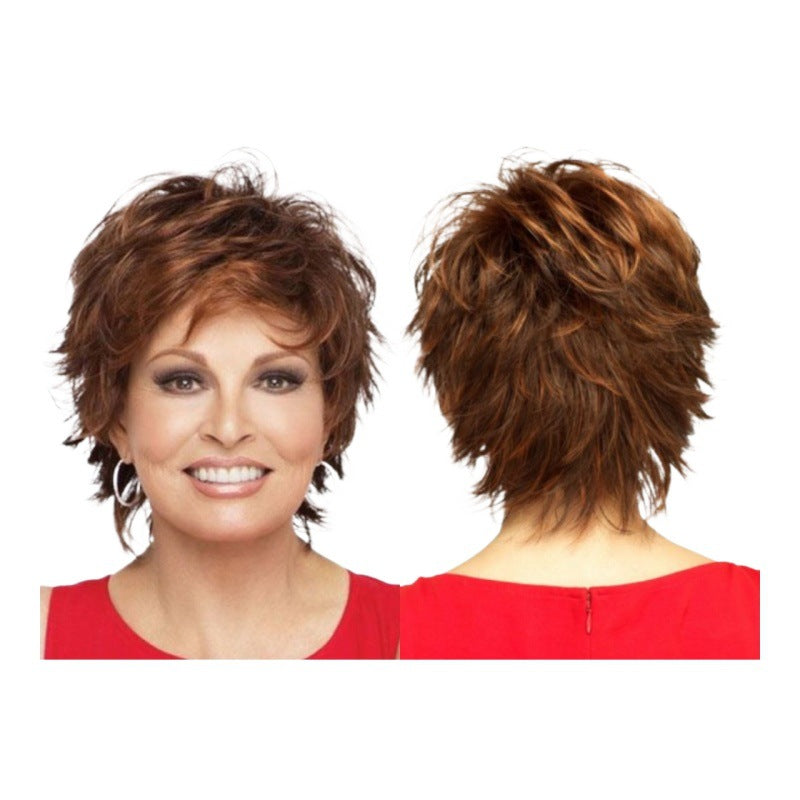Women's Straight Fluffy Bangs Brown Red Outside One Wig Short Curly Hair
