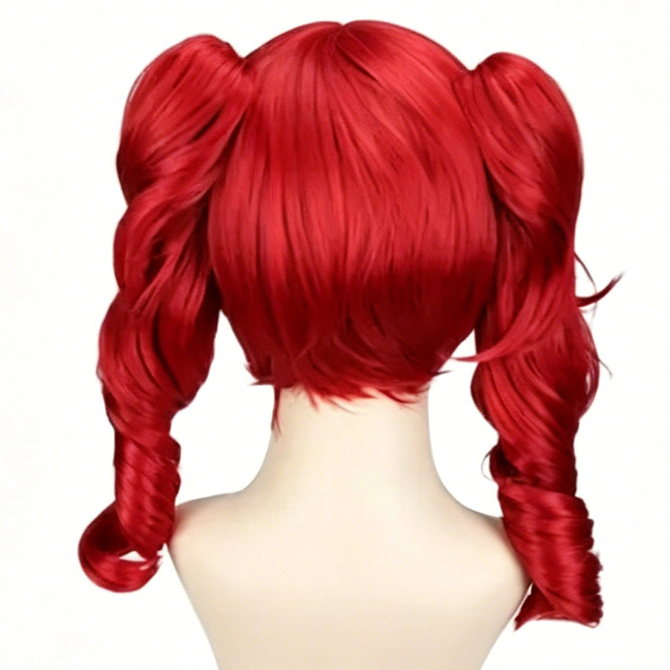Female Red Double Ponytail Jaws Clamp Curly Hair Party Cos Wig
