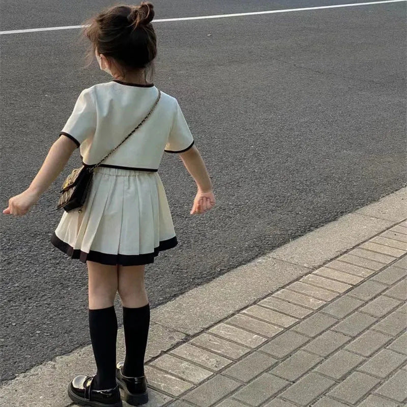 Children's Summer Small Solid Color Two-piece Set Short Sleeve Top Pleated Children's Suit