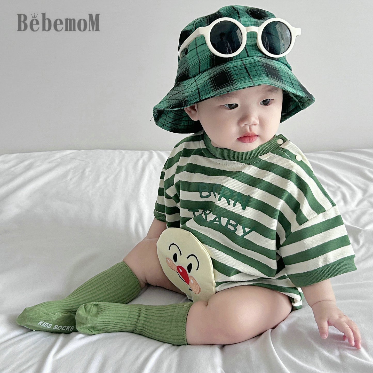 Women's & Men's Triangle Rompers Cotton Green Striped Smiley Jumpsuit, Climbing Suit