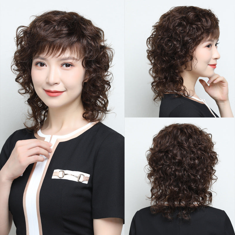 Human Curly Mother Medium Long Female Real Hair Wig