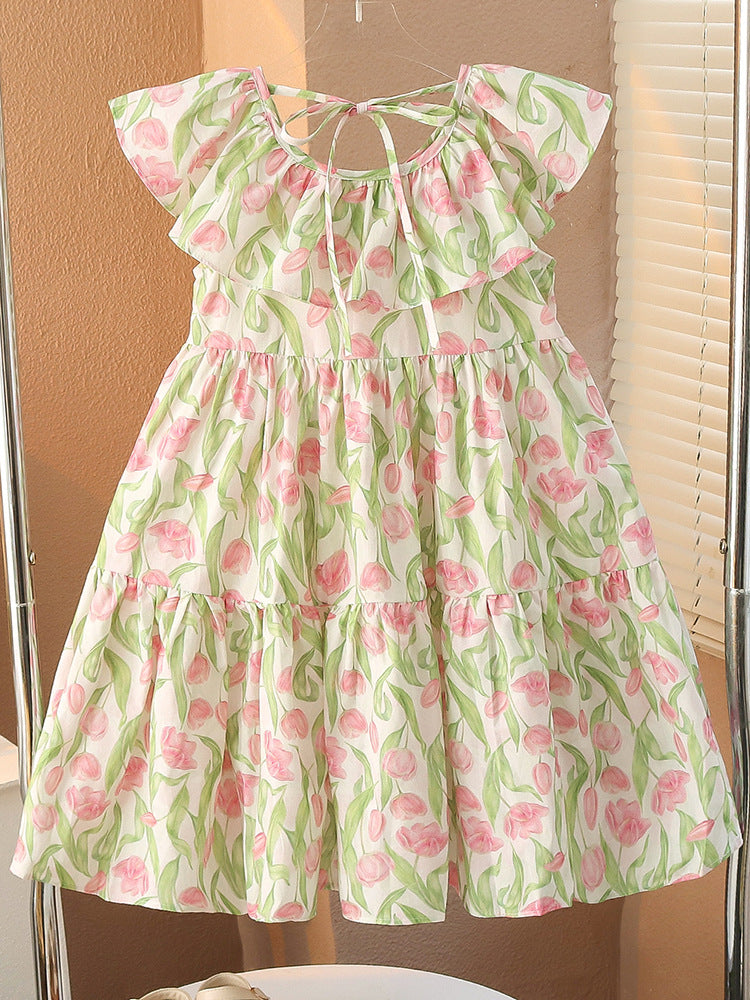 Ruffled Collar Floral Tulip Sweet Kindergarten Primary School Children's Dress