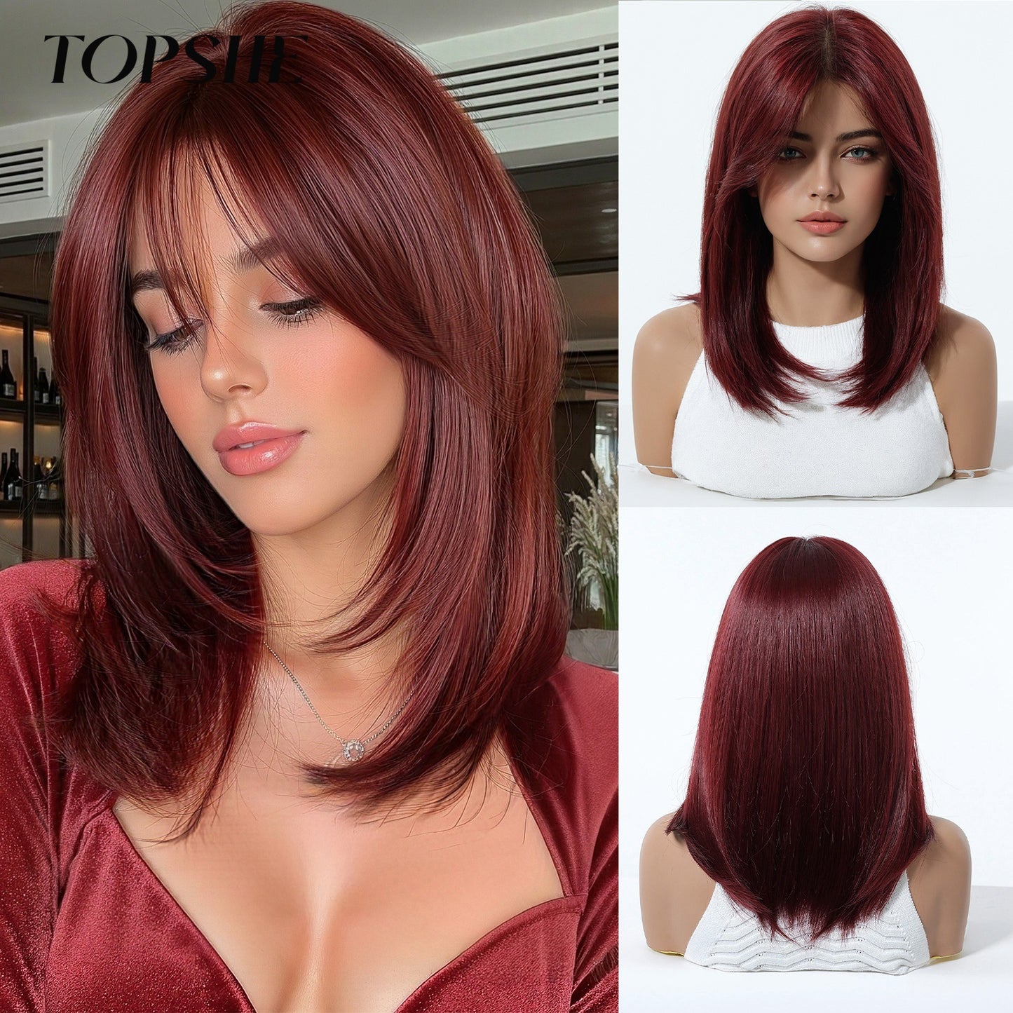 Bangs Head Dyed Gradient Brown Layered Long Straight Wig