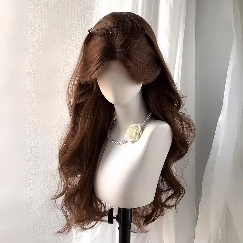 Female Natural Big Wave Bangs Medium Points Fluffy Curly Hair Wig Long Curls