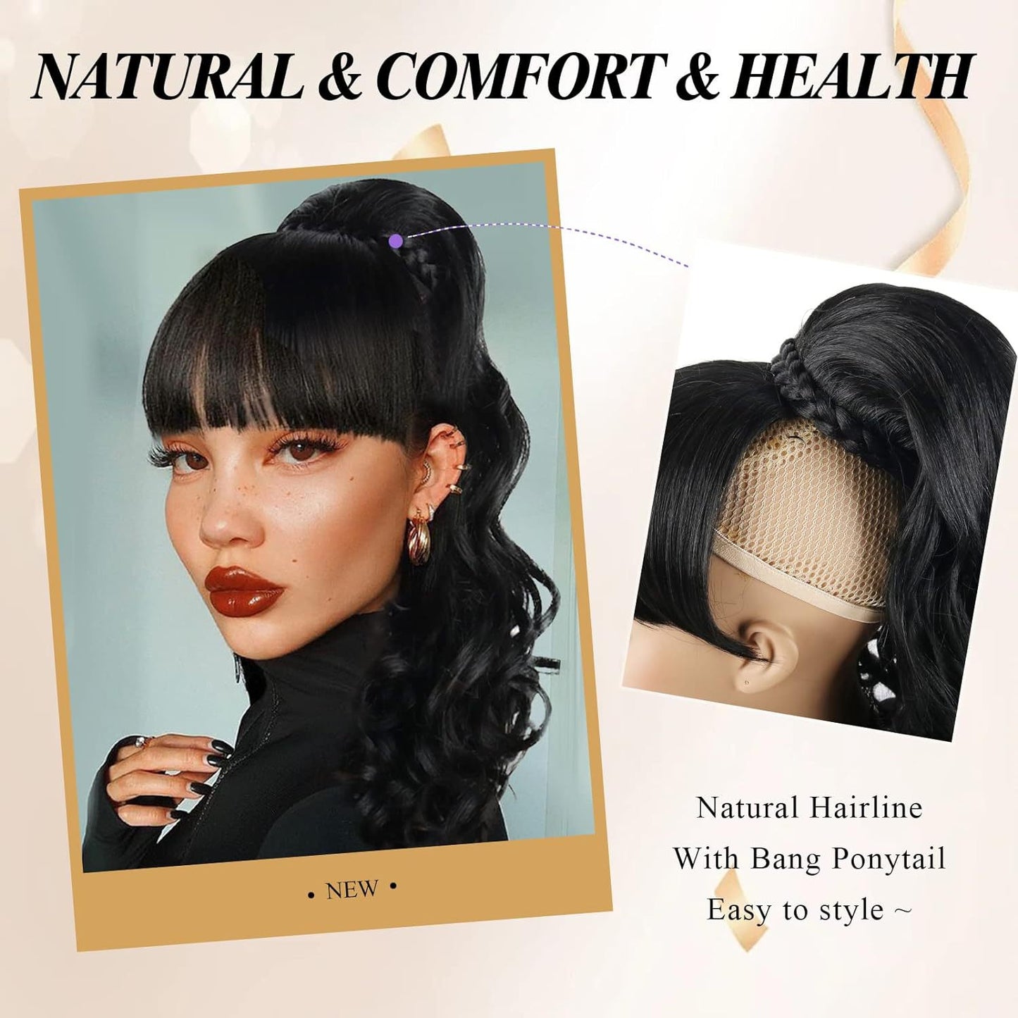 Women's Black Long Curly Bangs Hair Wig Ponytail