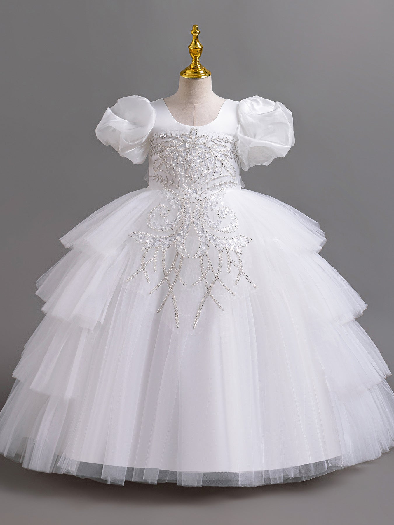 Children's Irregular Puff Sleeve Princess Flower Wedding Performance Level Cake Children's Dress