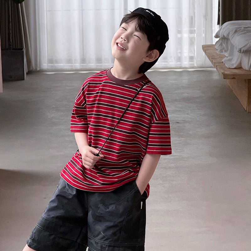 Children's Korean Style Versatile Medium Large Striped Short-sleeved Clothing Boys Trendy Children's T-shirt