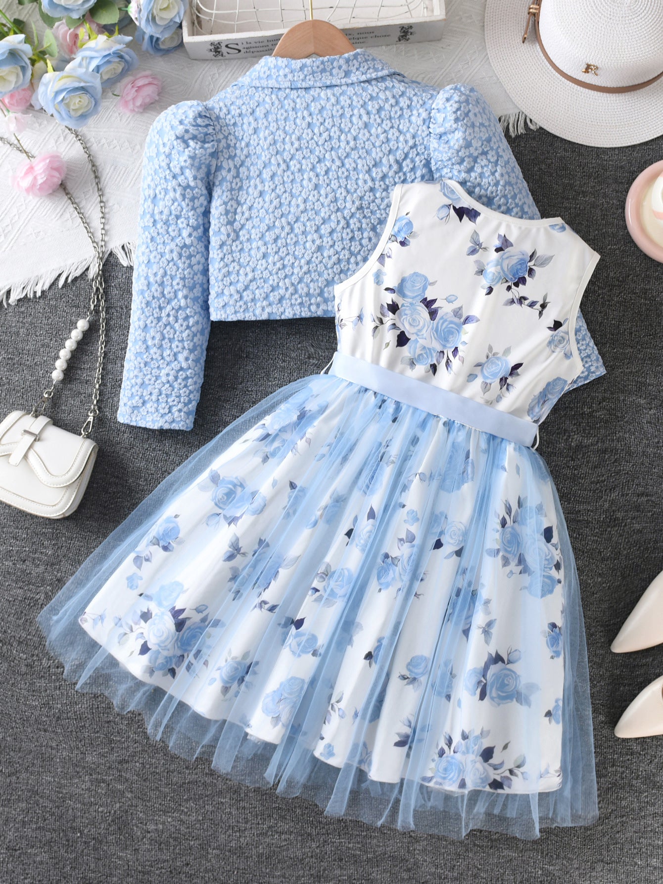 Children's Dress Sky Blue Rose Vest Classic Style Turn-down Collar Coat Children's Suit