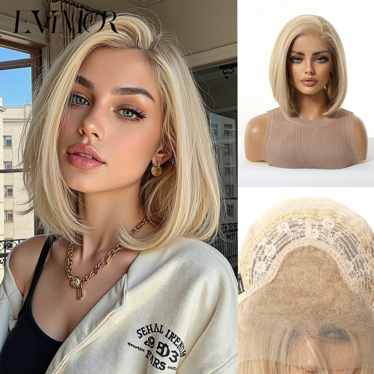 Women's Crocheted Lace On Forehead Fiber Gradient Golden Wig Short Straight Hair