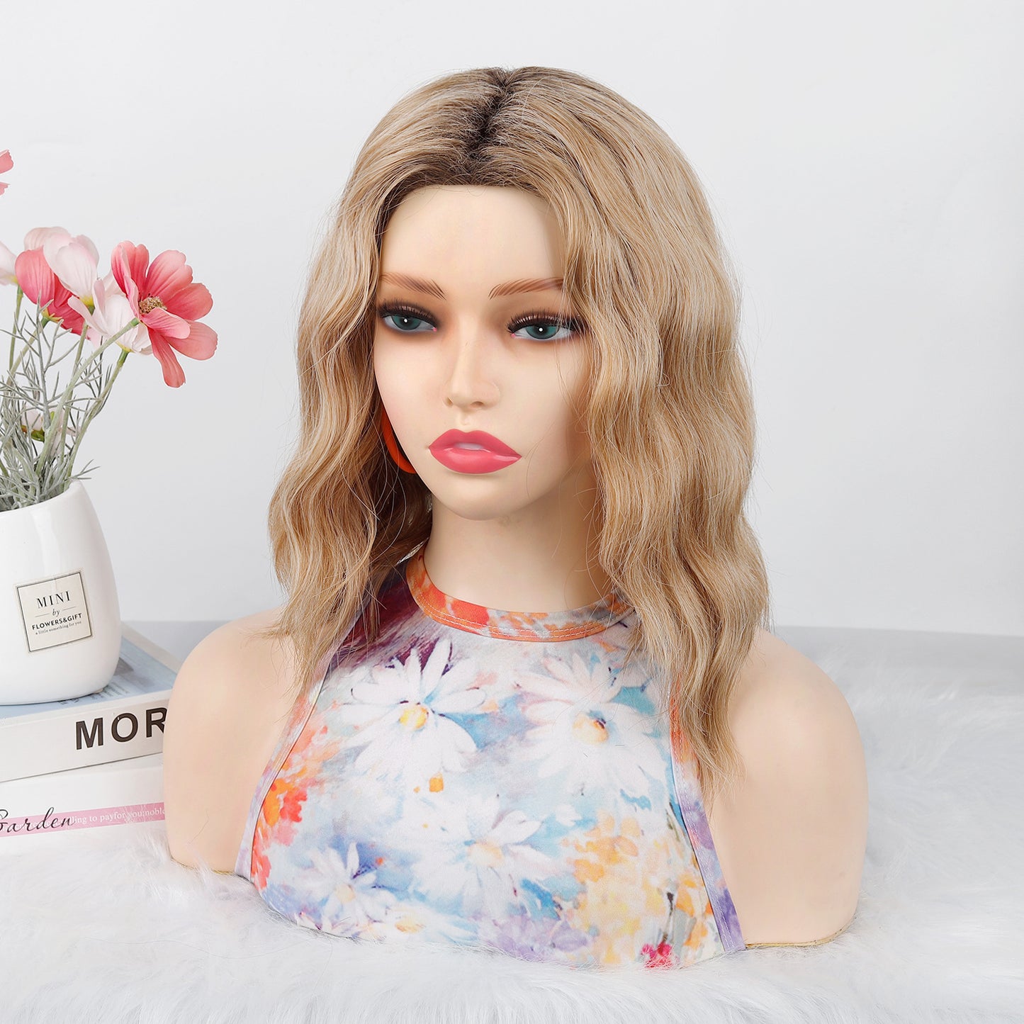 Women's Water Ripple Head Cover Golden Brown Chemical Fiber Wig Short Curly Hair