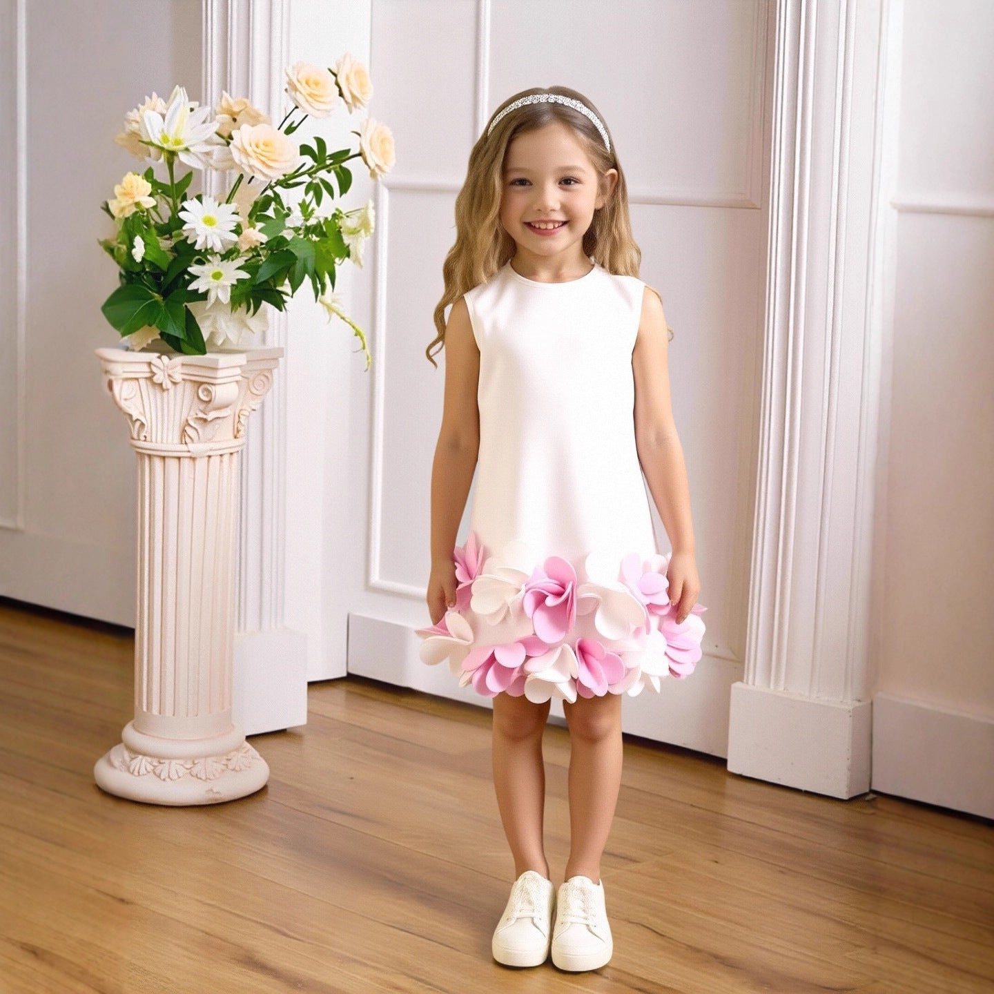 Solid Color Princess Summer Three-dimensional Flower Costume For Children's Dress