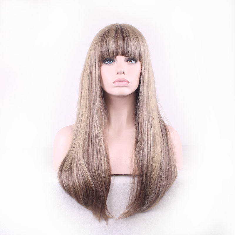 Rose Net Mixed Color Gradient Straight Bangs Female Hair Chemical Wig Long Curls
