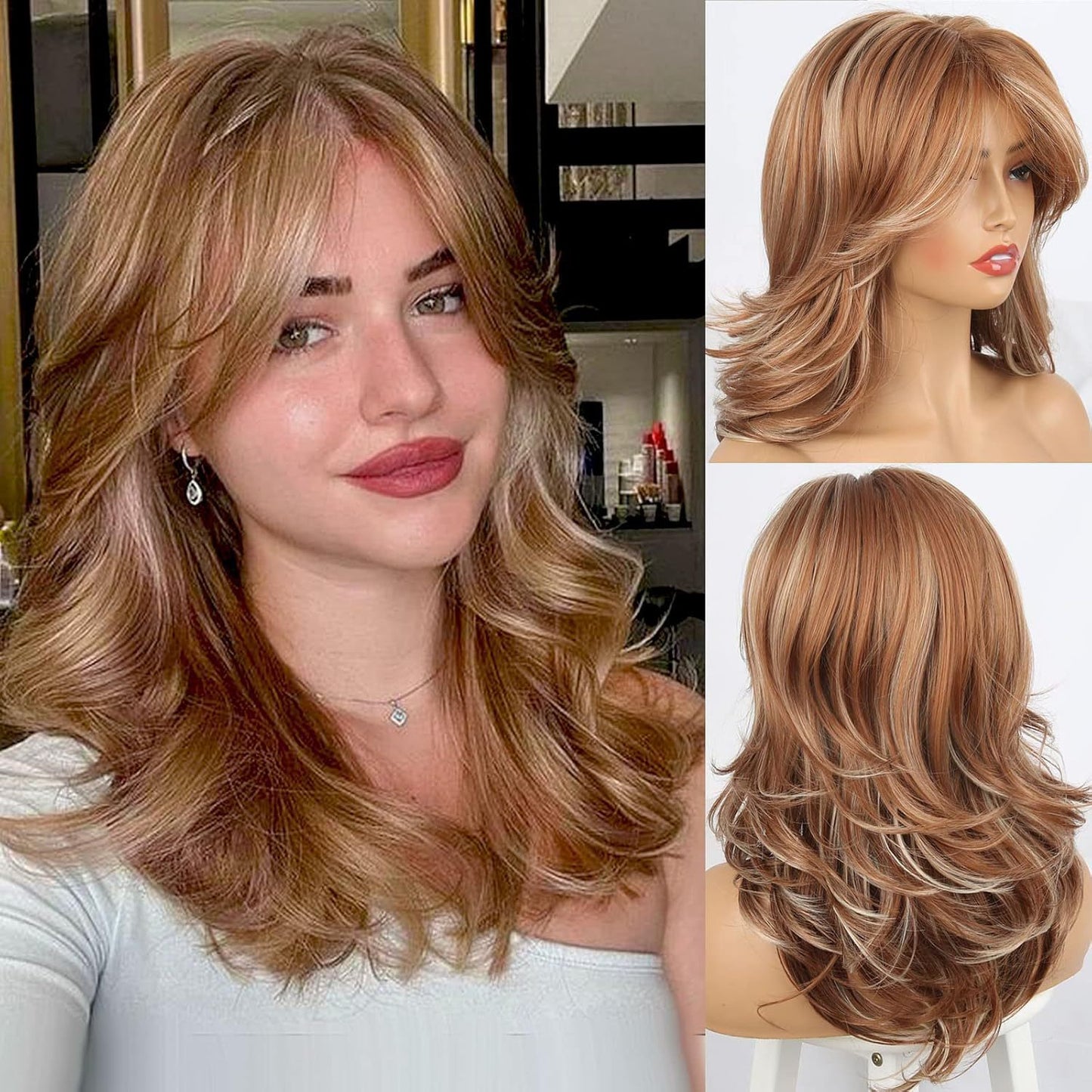 Bangs Layer Head Cover Gray Chemical Fiber Medium Wig Long Curls