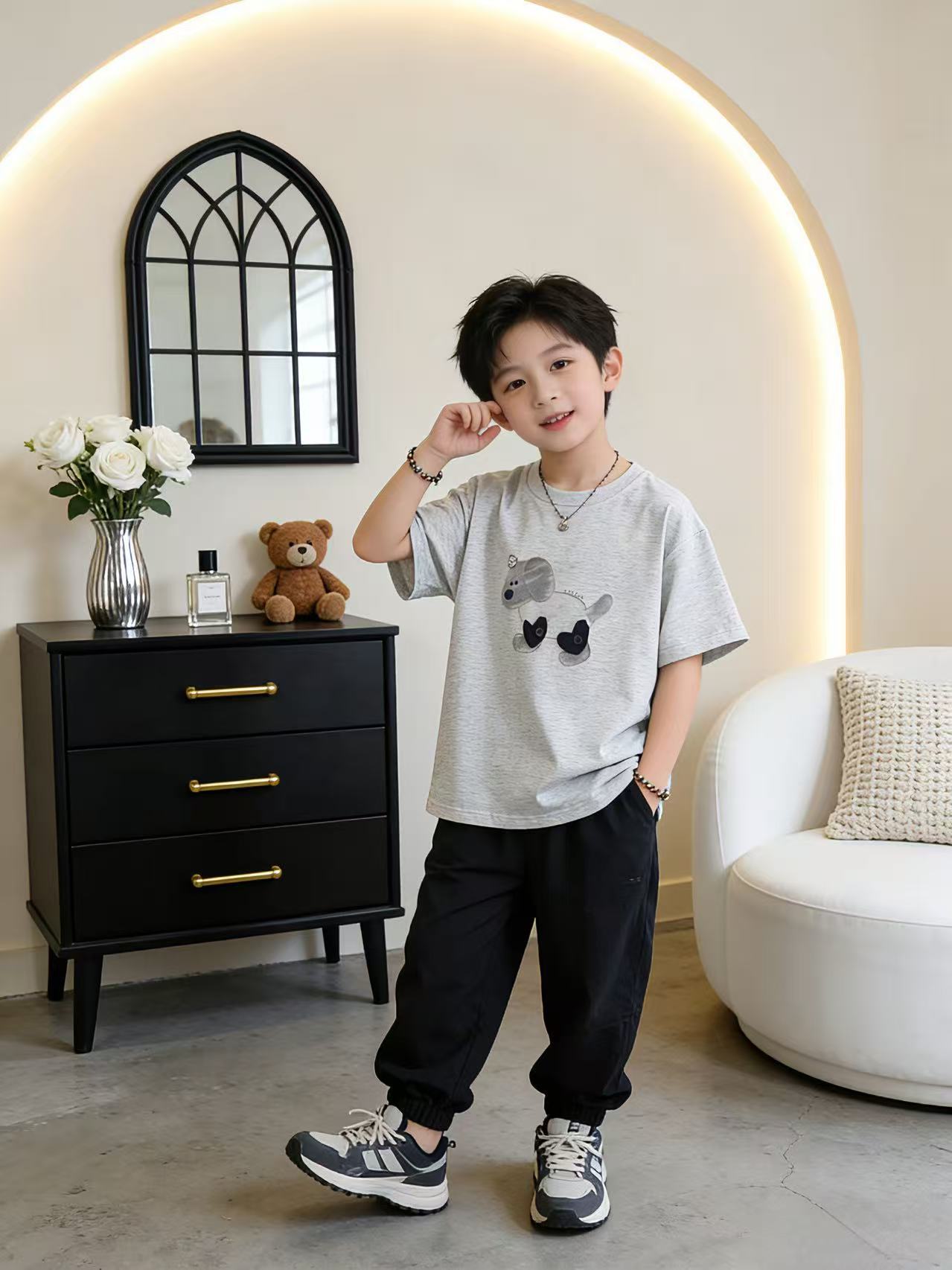 Boys Summer Short Sleeve Middle Big Cartoon Round Neck Half Children's T-shirt