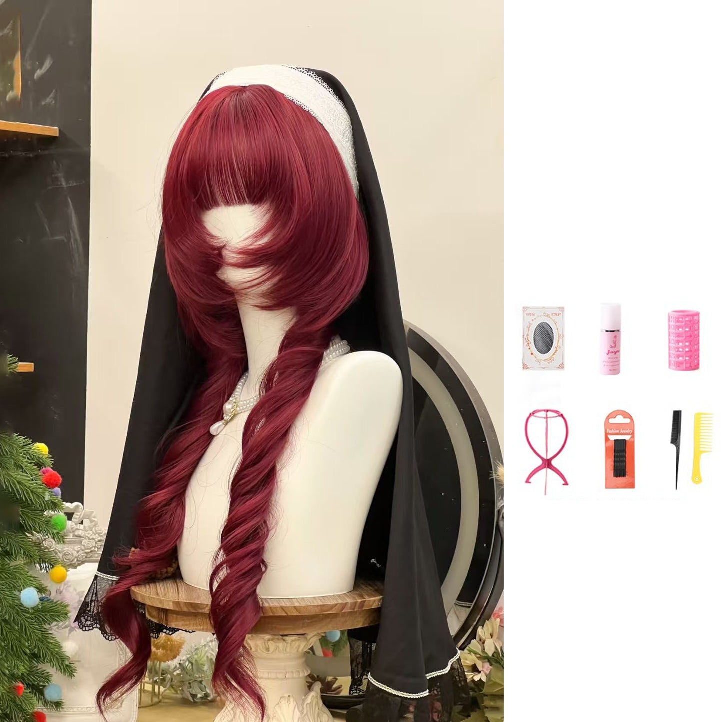 Women's Layered Modified Face Special Wine Red Subculture Jellyfish Head Personality Wig Long Curls