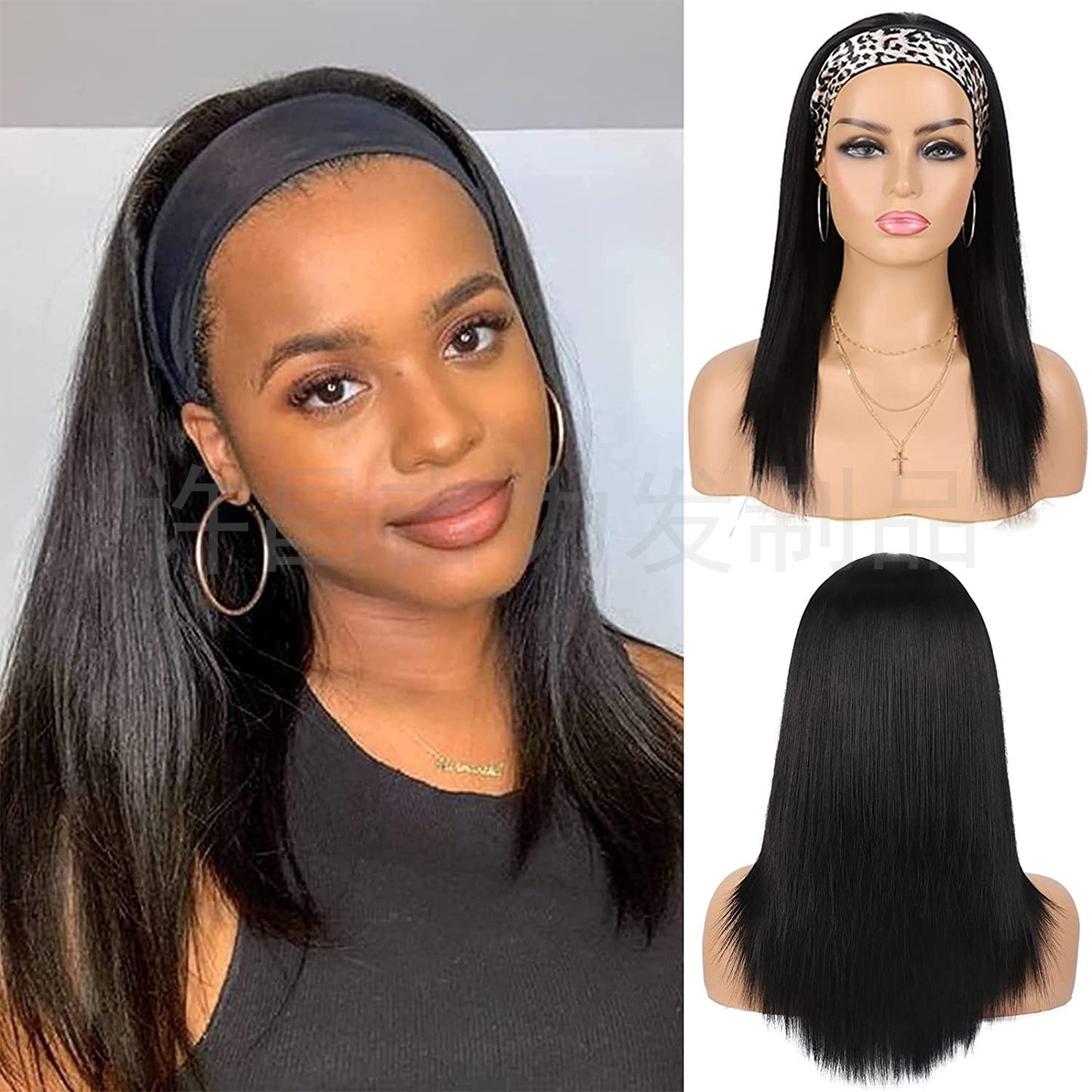 Women's Scarf Black Ice Silk Hair Band Long Straight Wig