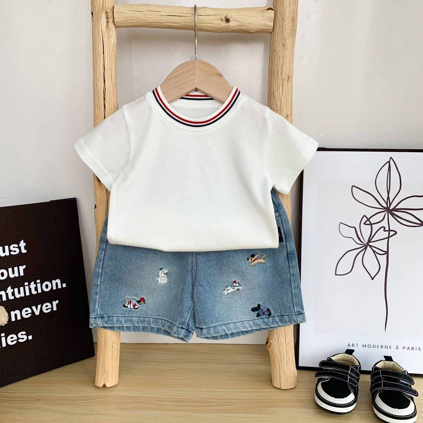 Boys White Yarn-dyed Rib Born Little Short Children's T-shirt