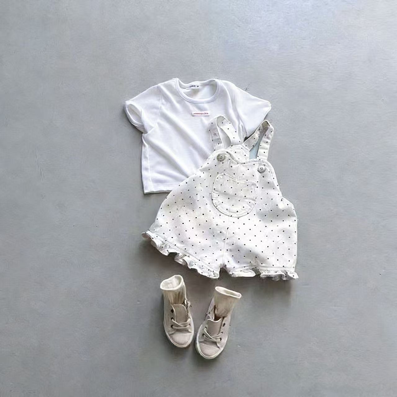 Korean Style Pleated Lace Denim Suspender One-piece Children's Pants