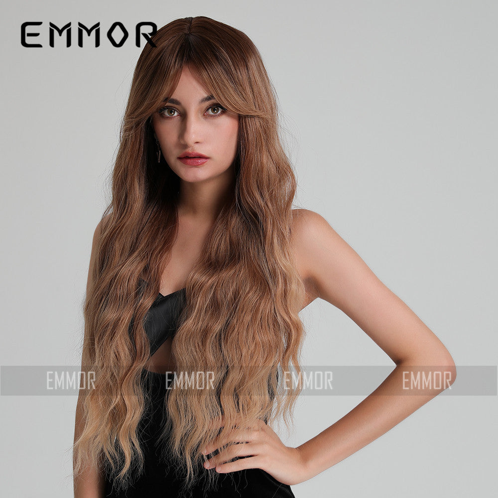 Women's Elegant Bangs Brown Curly Hair Fiber Synthetic Wig Long Curls