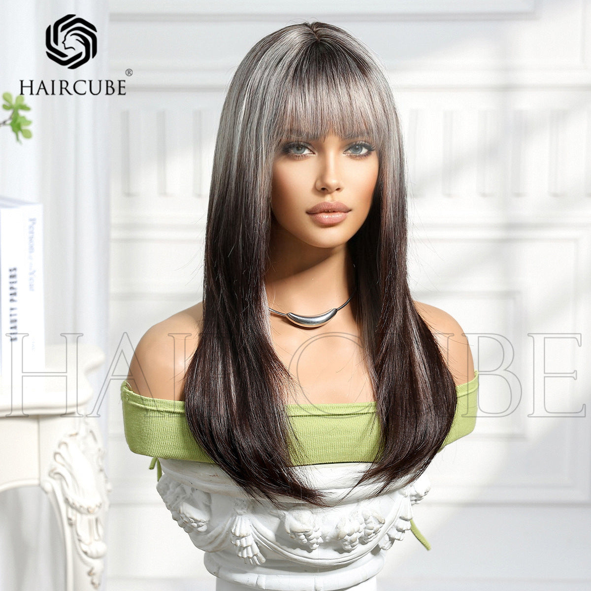 Head Cover Highlight Wind Gradient Bangs Hair Mechanism Chemical Long Straight Wig