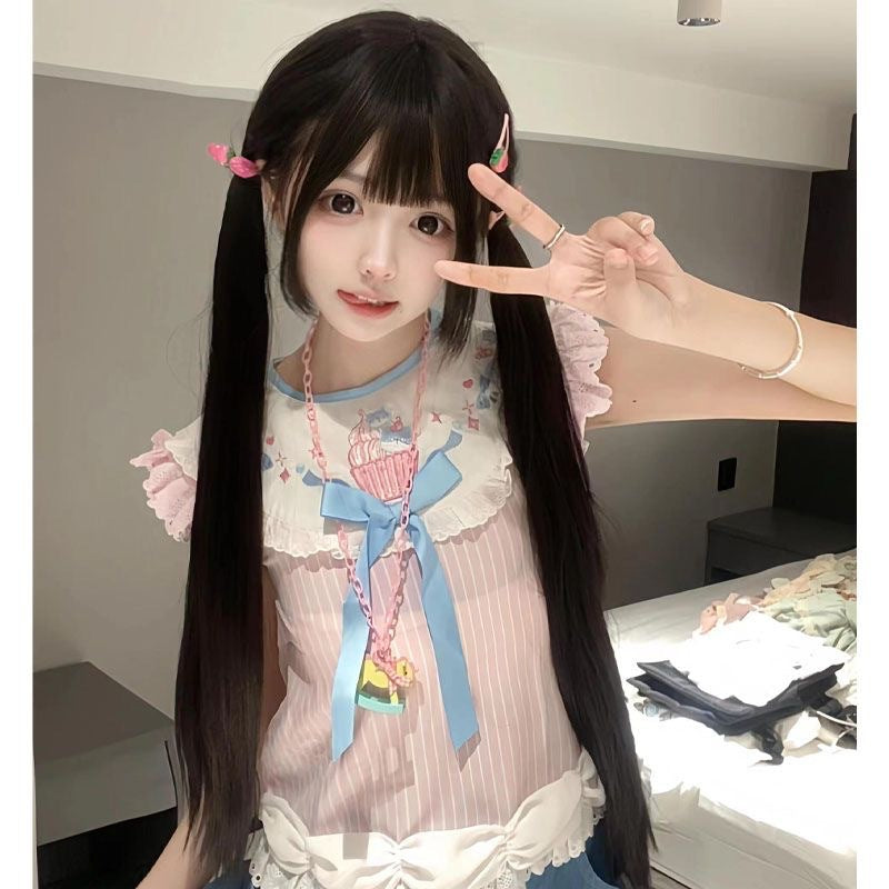 Female Sweet Little Rose Natural Black Gentle With Sideburns Long Straight Wig