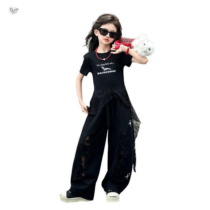 Jazz Dance Costume Summer Middle Big Lace Strap T-shirt Children's Suit