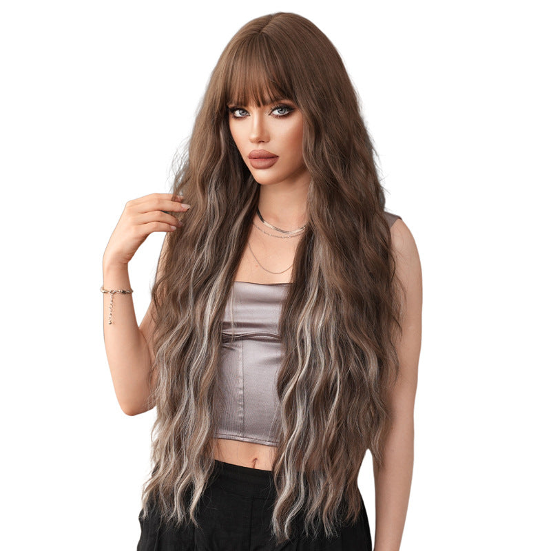 Hair Bangs Brown Dyed Gray Heat Wig Long Curls