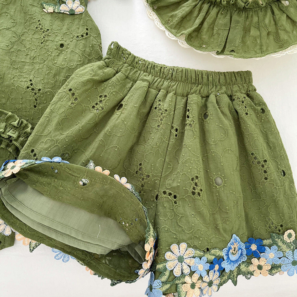 Top Bow Sleeveless Vest Lace Shorts Children's Suit