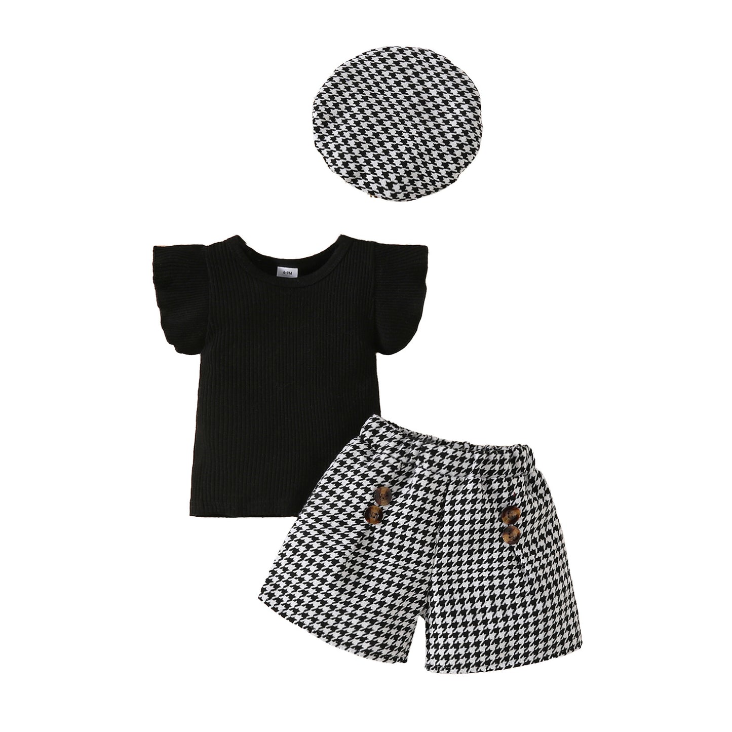 Flounced Sleeve Solid Color Top Plaid Children's Suit