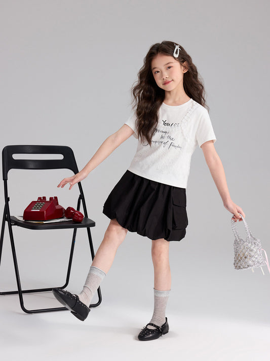 Children's Pudding Summer Fake Two-piece Lace Stitching Sweet Style Short Children's T-shirt