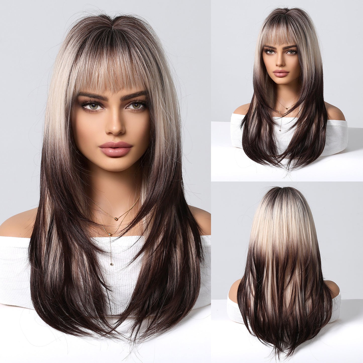 Punk Pink Gradient Dark Brown Fringe Straight Wig Long Curls