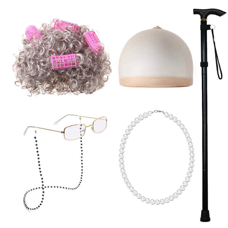 Old Grandma Grandpa Halloween Lady Set Cos Wig