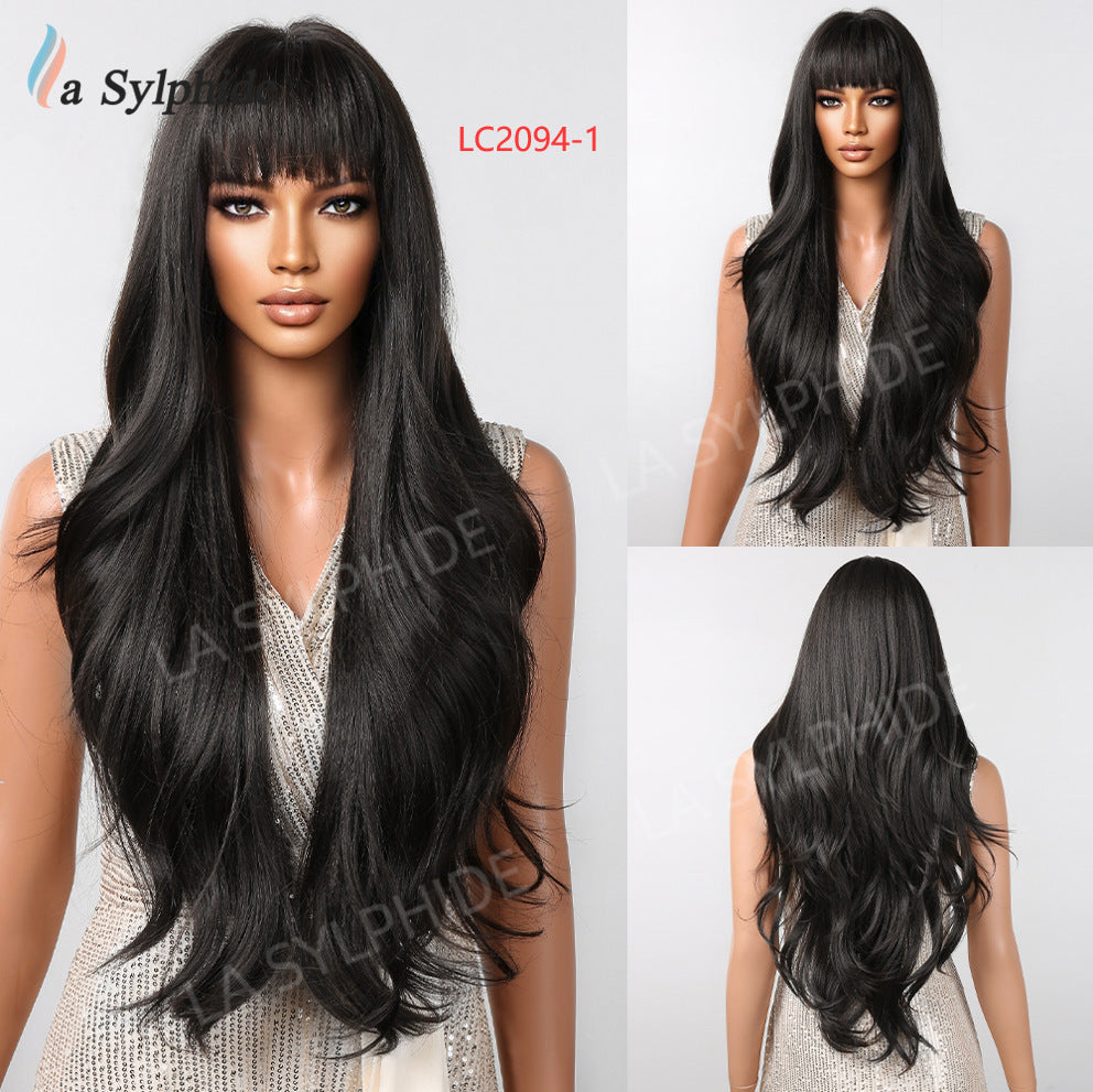 Curly Female Bangs Brown Golden Purple Wig Long Curls