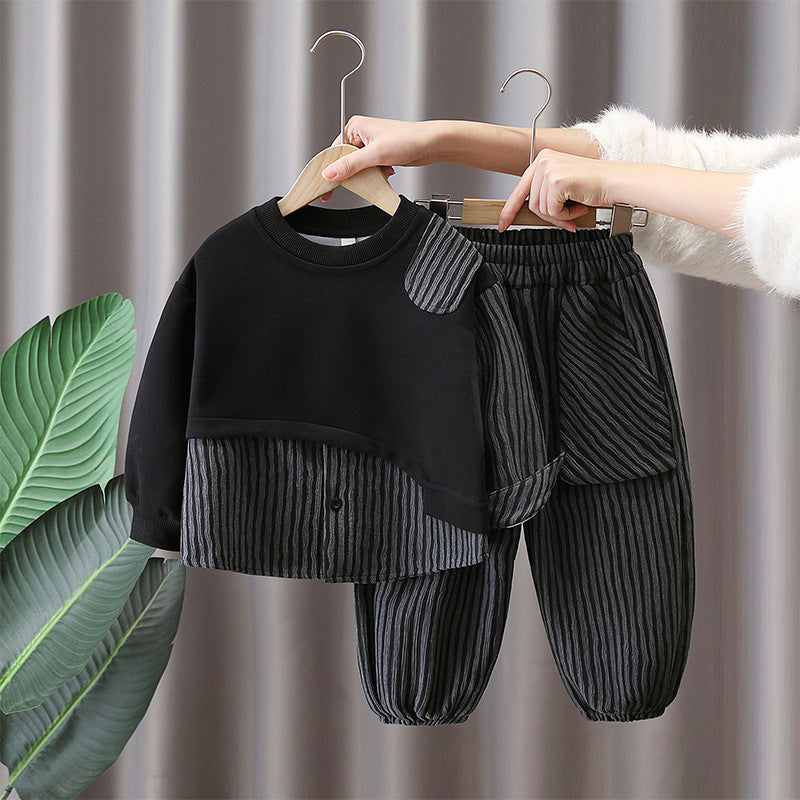 Children's Boys Spring Clothing Western Style Striped Fake Two Pieces Sweater Children's Suit
