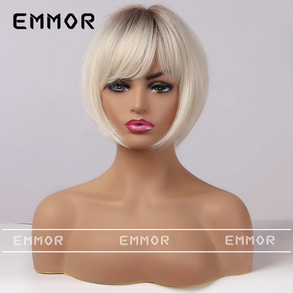 Women's Fashion Head Dyed Black Platinum Ribbon Wig Short Straight Hair