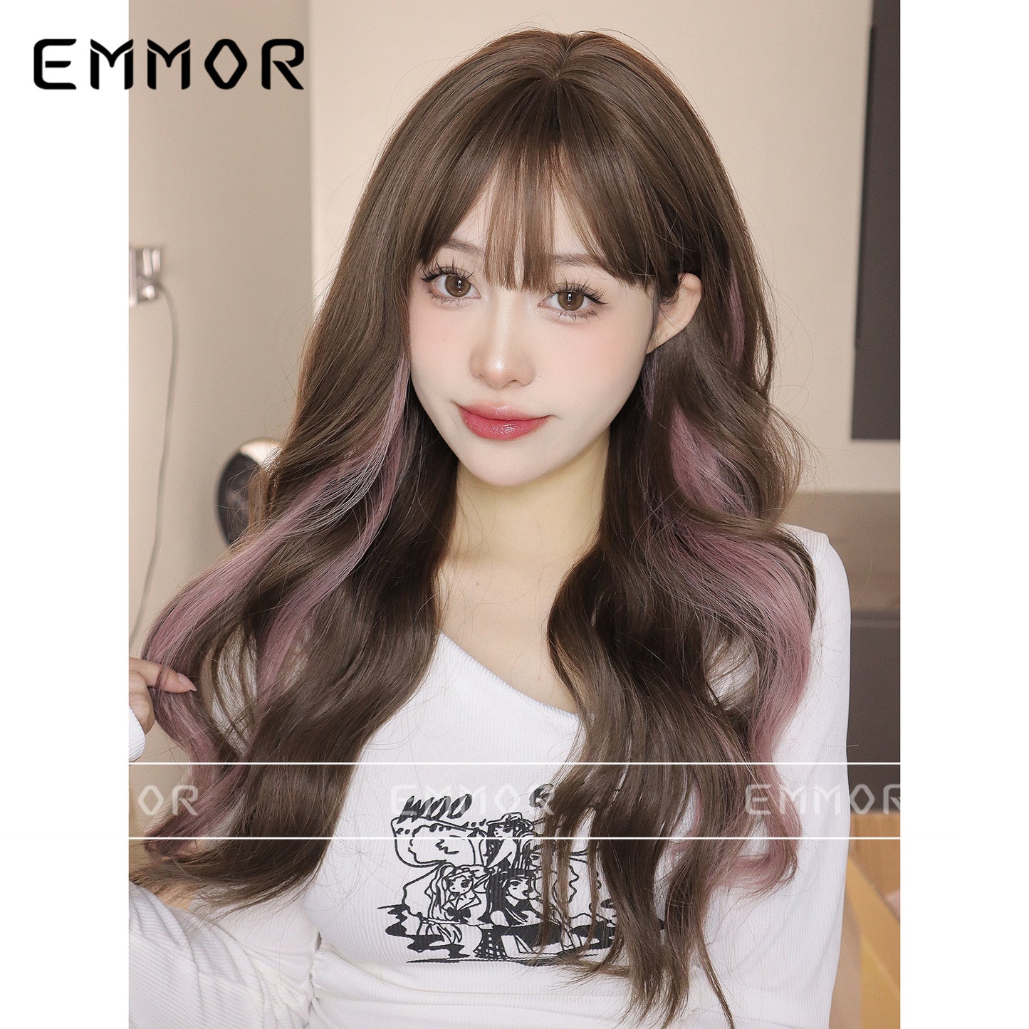 Women's Hair Brown Dyed Pink Fluffy Cover Wig Long Curls