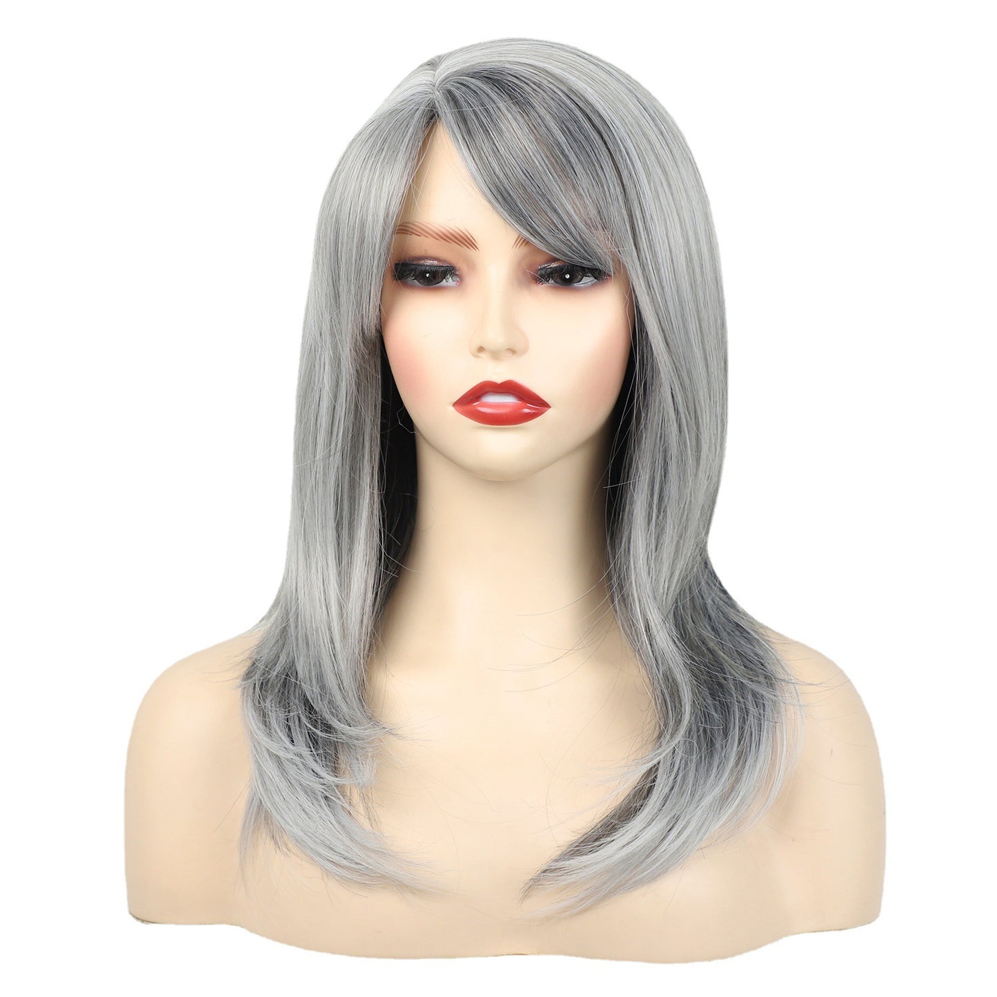 Bangs Gray Curly Hair Mid-length Synthetic Wig Long Curls