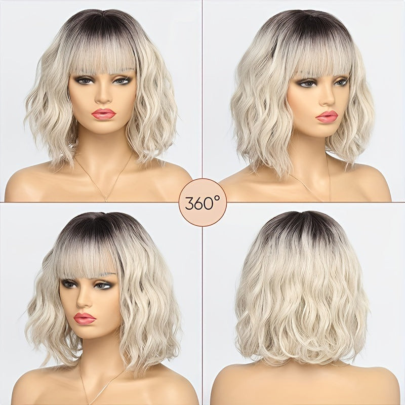 Women's Wavy White Bob Bangs Soft Synthetic Wig Short Curly Hair