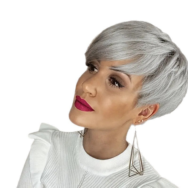 Side Bangs Sier Gray Fluffy Straight Chemical Wig Short Curly Hair