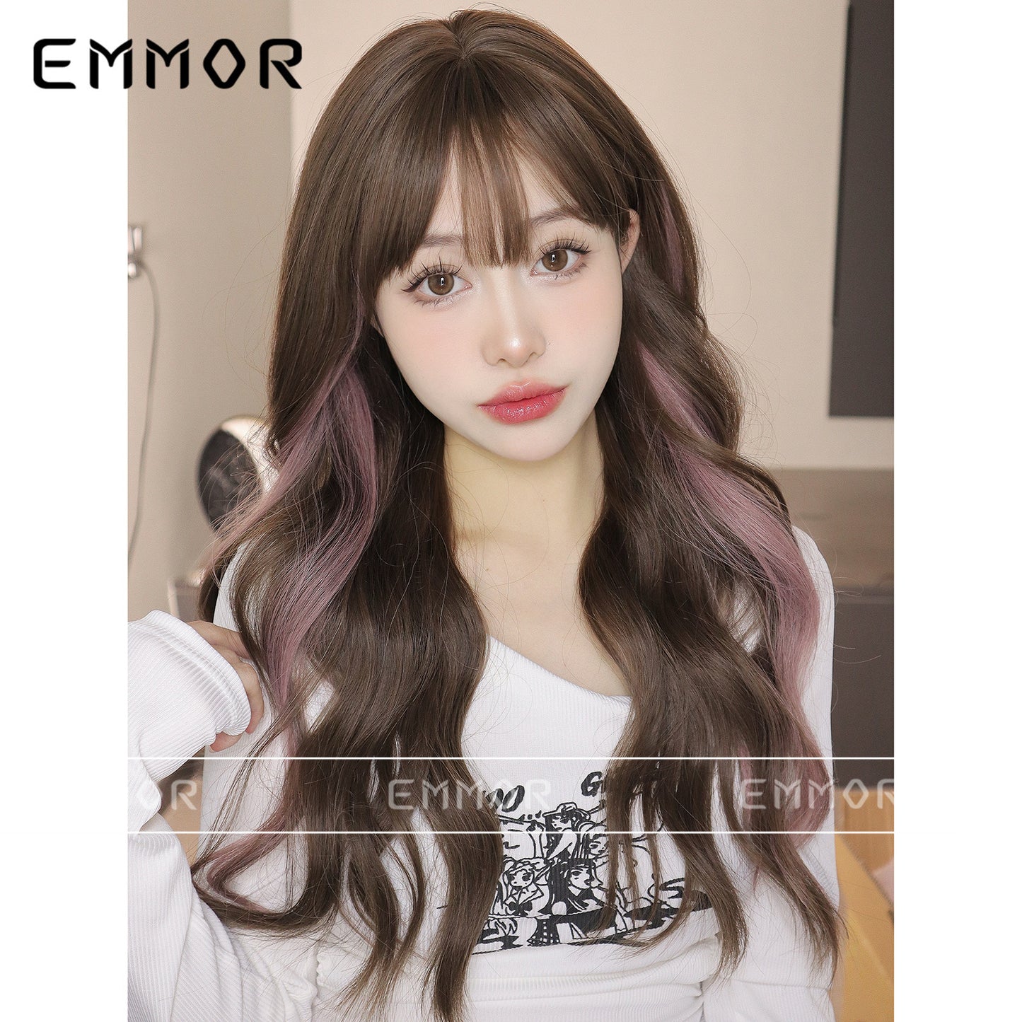 Women's Hair Brown Dyed Pink Fluffy Cover Wig Long Curls