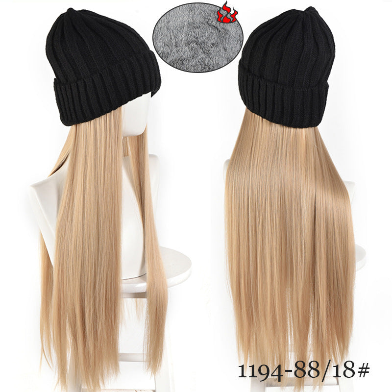 Hat Integrated Black Knitted Beret Golden Long Straight Hair Chemical Other Wig