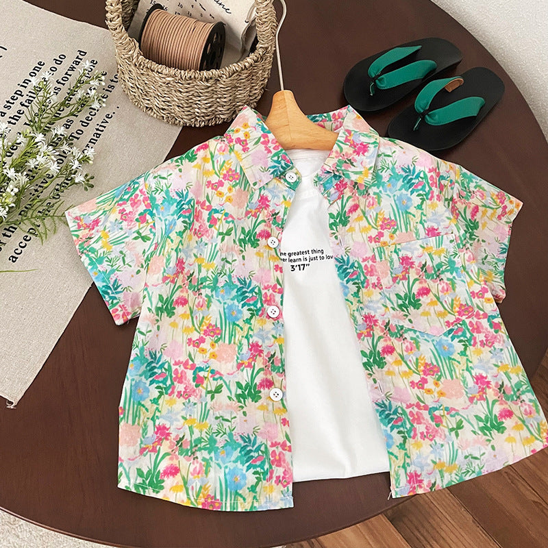Children's Short Sleeve Printed Vacation Style Boys Summer Cotton Children's Shirt