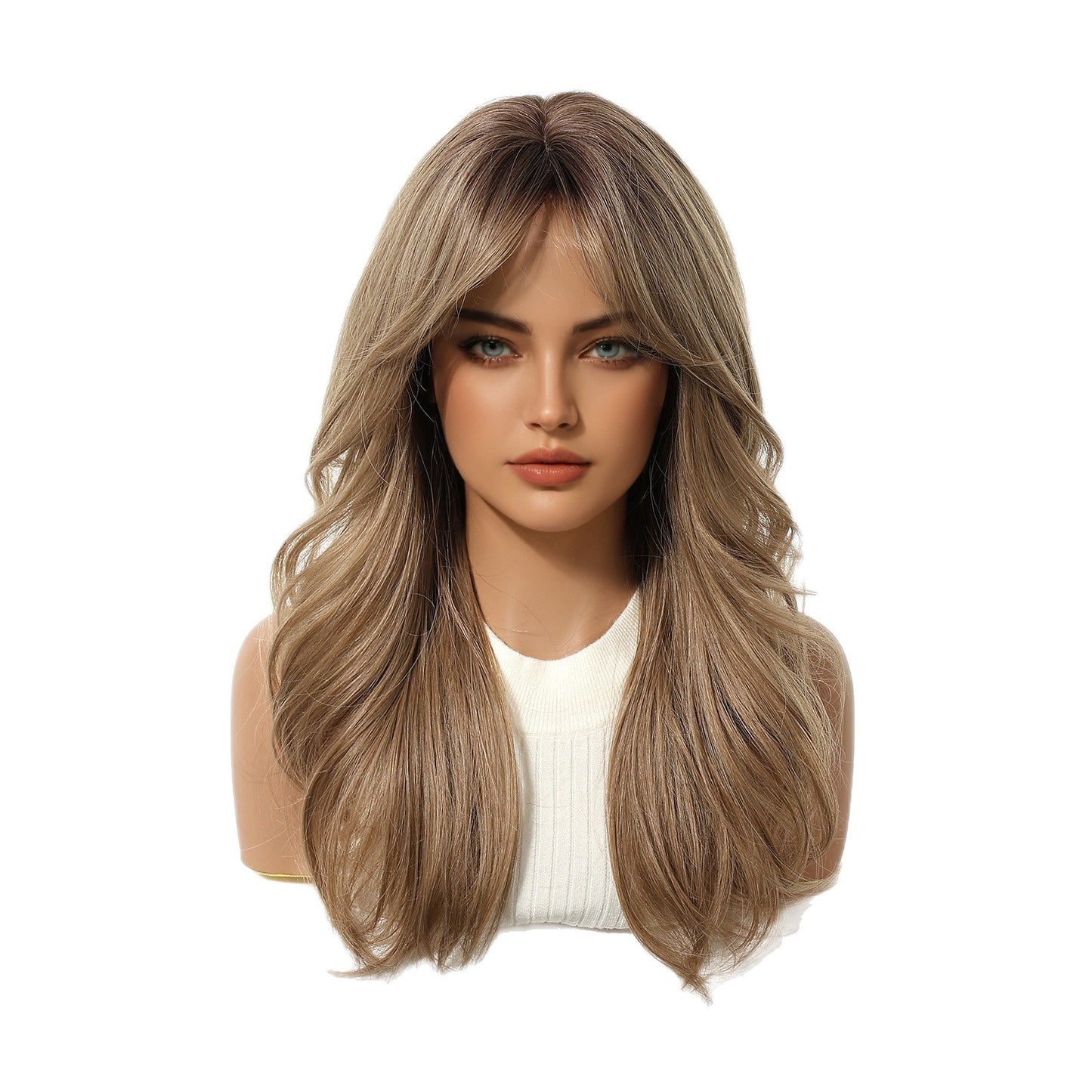 Women's Head Cover Bangs Light Brown Curly Hair Black Multicolor Mechanism Wig Long Curls