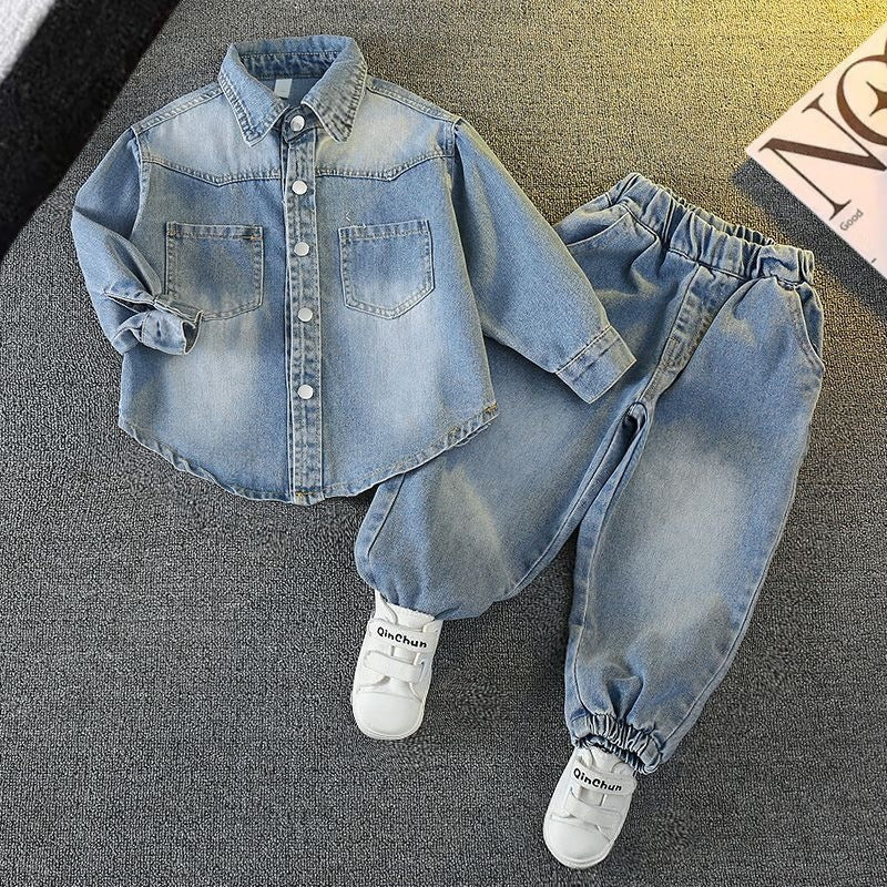 Men's & Children's Denim Spring Autumn Clothing Coat Small Two-piece Children's Suit