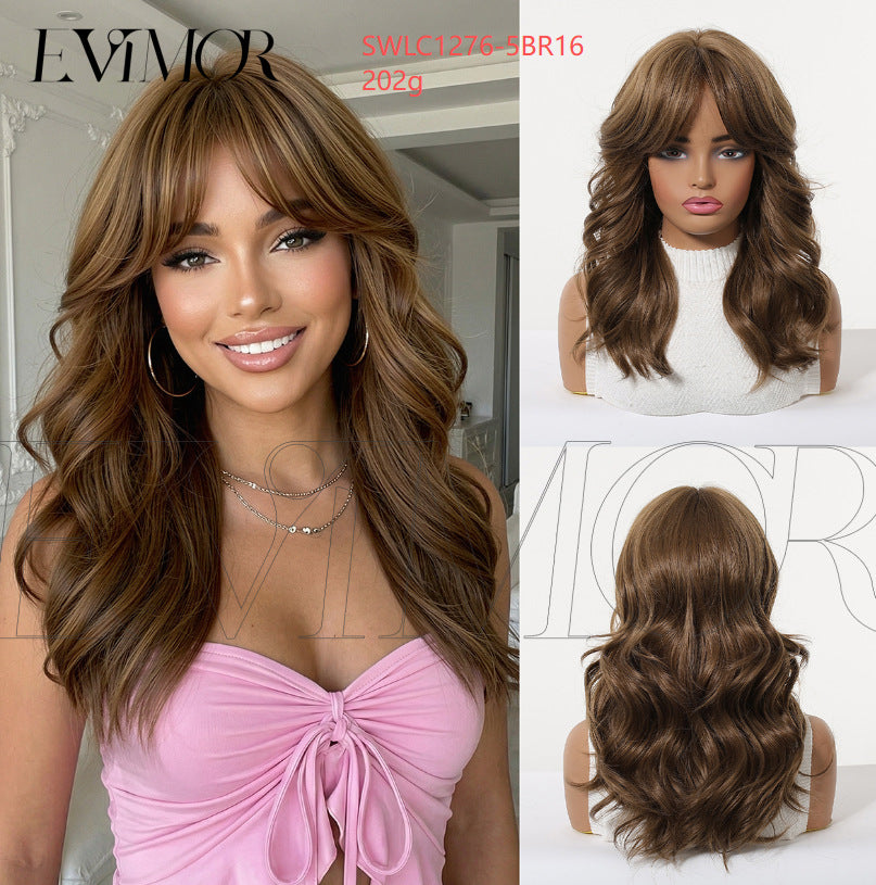 Big Wave Curly Female Dark Brown Highlights Natural Wig Long Curls