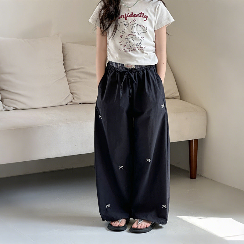 Embroidered Bow Loose Teens Casual Straight Children's Pants