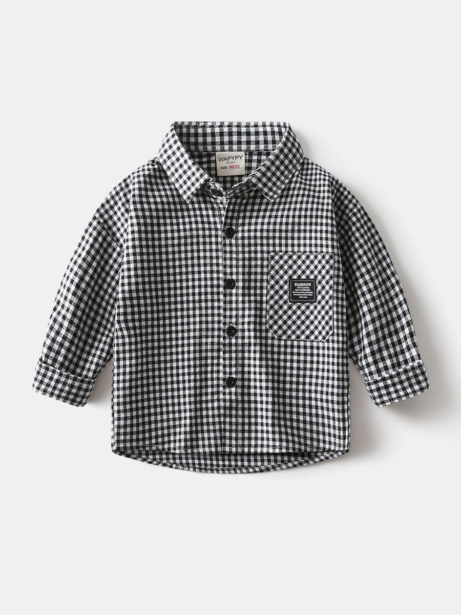 Children's Clothing Plaid Black White Labeling Korean Style Loose Design Children's Shirt
