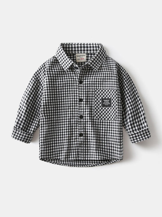 Children's Clothing Plaid Black White Labeling Korean Style Loose Design Children's Shirt