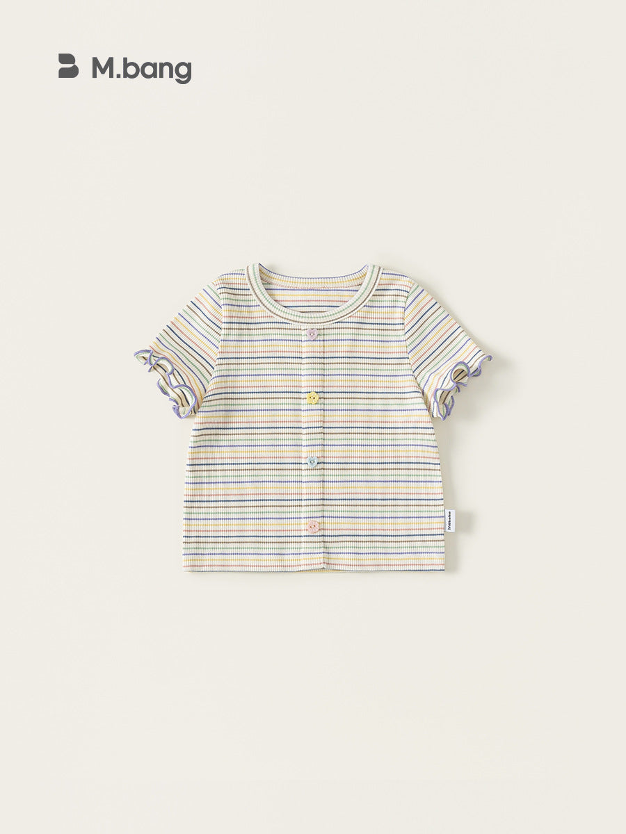 Children's Short-sleeved Summer Color Stripes Wooden Ear Sweet Cute Tops Children's T-shirt