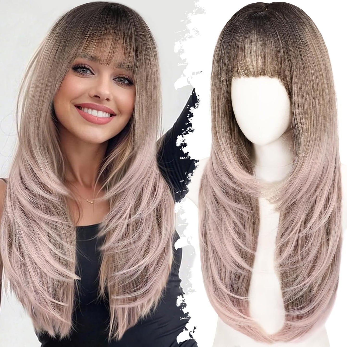 Female Straight Bangs Layered Hair Scalp Synthetic Wig Long Curls